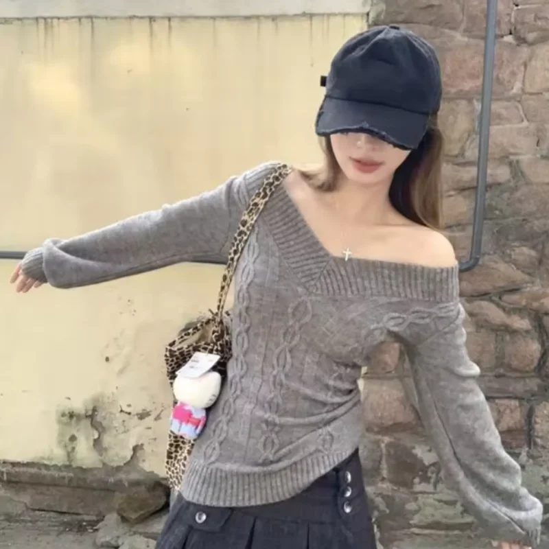 Fashion Vintage V-neck Knitted Tops Women Early Autumn New Sweaters Pullover Slim Long Sleeve Pullovers Sexy Hotsweet Sweaters