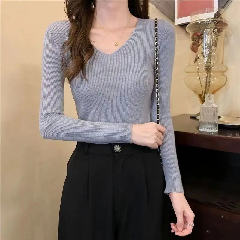 Fashion Vintage V-neck Knitted Tops Women Early Autumn New Sweaters Pullover Slim Long Sleeve Pullovers Sexy Hotsweet Sweaters