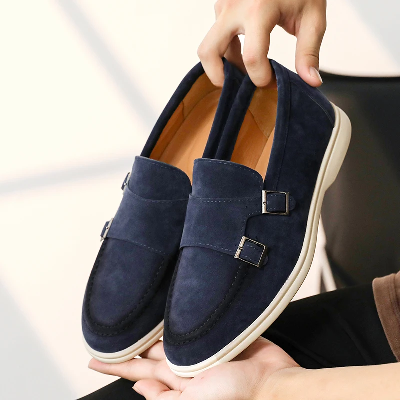 Casual Leather Men's Double Buckle Loafers Lightweight Breathable Shoes Mens Driving Soft Sole Slip-on Business Shoes Moccasins