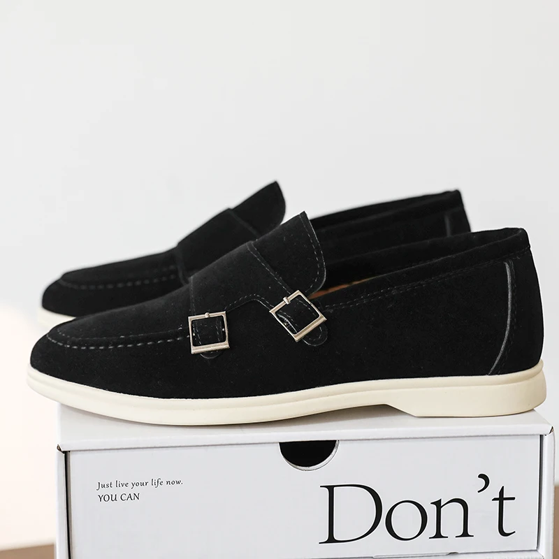 Casual Leather Men's Double Buckle Loafers Lightweight Breathable Shoes Mens Driving Soft Sole Slip-on Business Shoes Moccasins