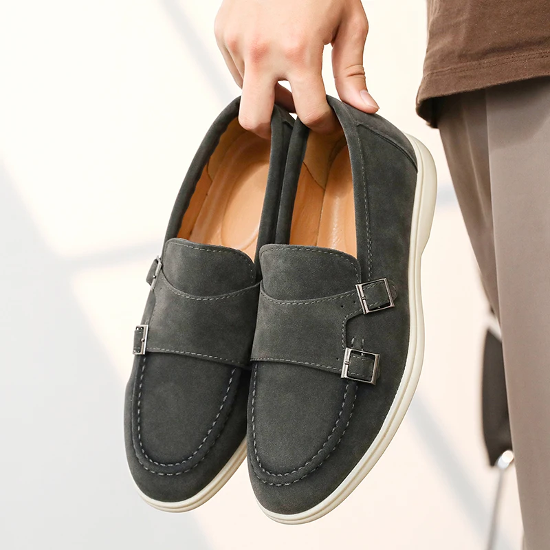 Casual Leather Men's Double Buckle Loafers Lightweight Breathable Shoes Mens Driving Soft Sole Slip-on Business Shoes Moccasins