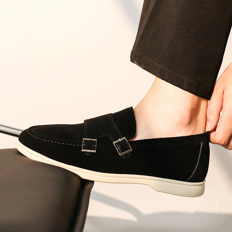 Casual Leather Men's Double Buckle Loafers Lightweight Breathable Shoes Mens Driving Soft Sole Slip-on Business Shoes Moccasins