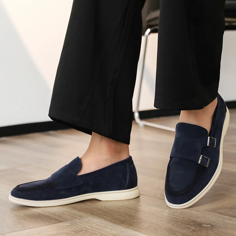 Casual Leather Men's Double Buckle Loafers Lightweight Breathable Shoes Mens Driving Soft Sole Slip-on Business Shoes Moccasins