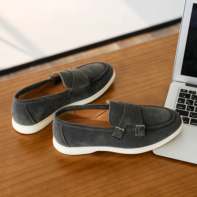 Casual Leather Men's Double Buckle Loafers Lightweight Breathable Shoes Mens Driving Soft Sole Slip-on Business Shoes Moccasins