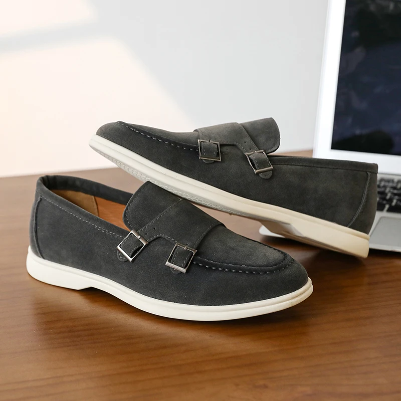 Casual Leather Men's Double Buckle Loafers Lightweight Breathable Shoes Mens Driving Soft Sole Slip-on Business Shoes Moccasins