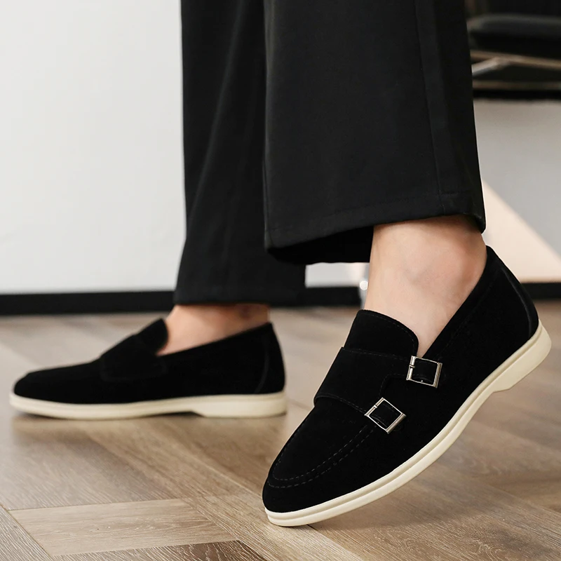 Casual Leather Men's Double Buckle Loafers Lightweight Breathable Shoes Mens Driving Soft Sole Slip-on Business Shoes Moccasins