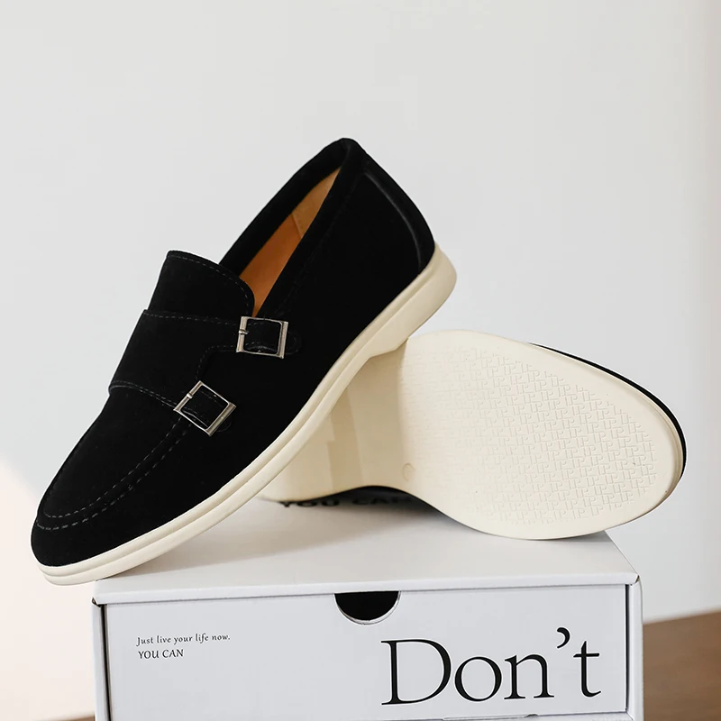 Casual Leather Men's Double Buckle Loafers Lightweight Breathable Shoes Mens Driving Soft Sole Slip-on Business Shoes Moccasins