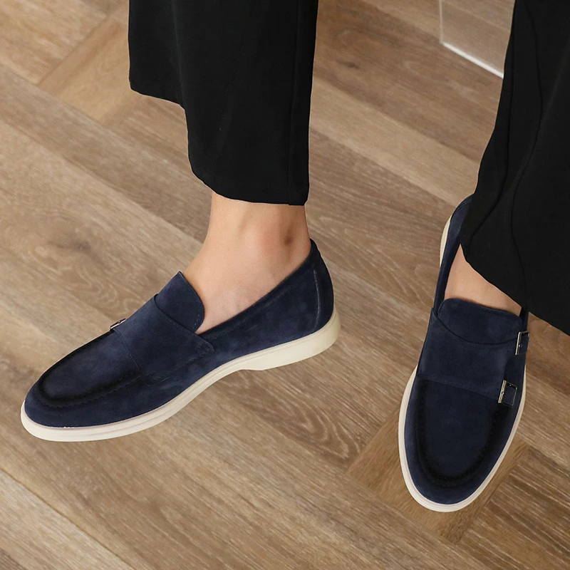 Casual Leather Men's Double Buckle Loafers Lightweight Breathable Shoes Mens Driving Soft Sole Slip-on Business Shoes Moccasins