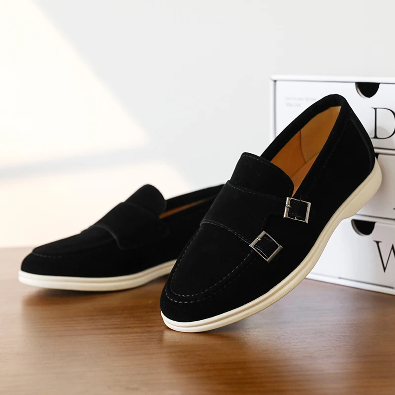 Casual Leather Men's Double Buckle Loafers Lightweight Breathable Shoes Mens Driving Soft Sole Slip-on Business Shoes Moccasins