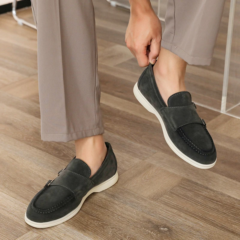 Casual Leather Men's Double Buckle Loafers Lightweight Breathable Shoes Mens Driving Soft Sole Slip-on Business Shoes Moccasins