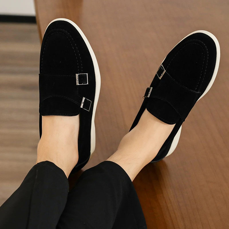 Casual Leather Men's Double Buckle Loafers Lightweight Breathable Shoes Mens Driving Soft Sole Slip-on Business Shoes Moccasins