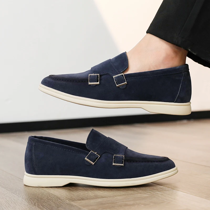 Casual Leather Men's Double Buckle Loafers Lightweight Breathable Shoes Mens Driving Soft Sole Slip-on Business Shoes Moccasins