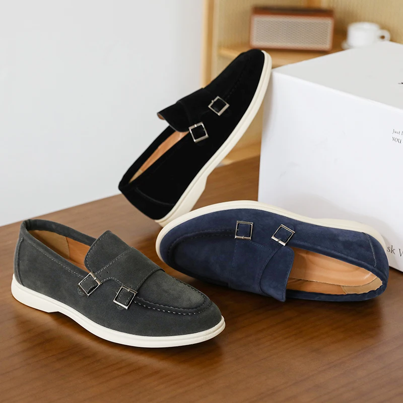Casual Leather Men's Double Buckle Loafers Lightweight Breathable Shoes Mens Driving Soft Sole Slip-on Business Shoes Moccasins