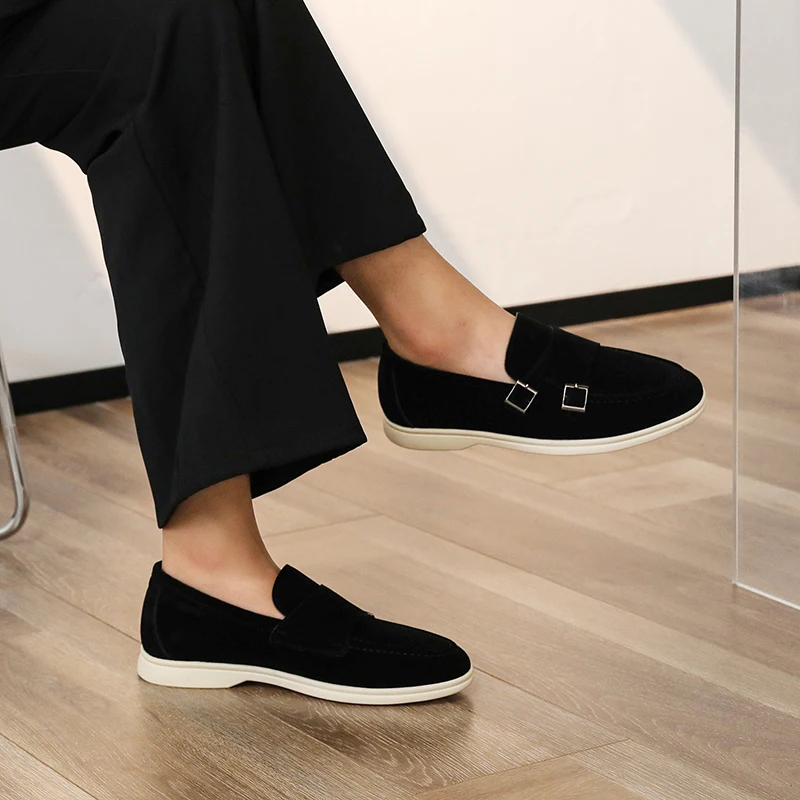 Casual Leather Men's Double Buckle Loafers Lightweight Breathable Shoes Mens Driving Soft Sole Slip-on Business Shoes Moccasins