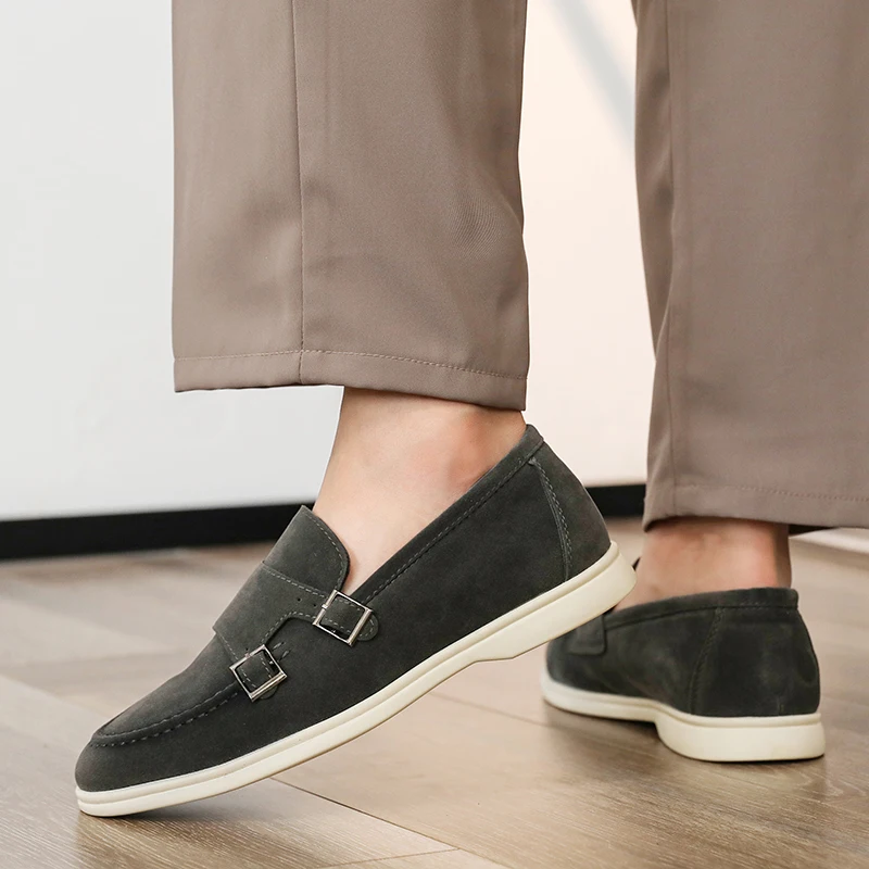 Casual Leather Men's Double Buckle Loafers Lightweight Breathable Shoes Mens Driving Soft Sole Slip-on Business Shoes Moccasins