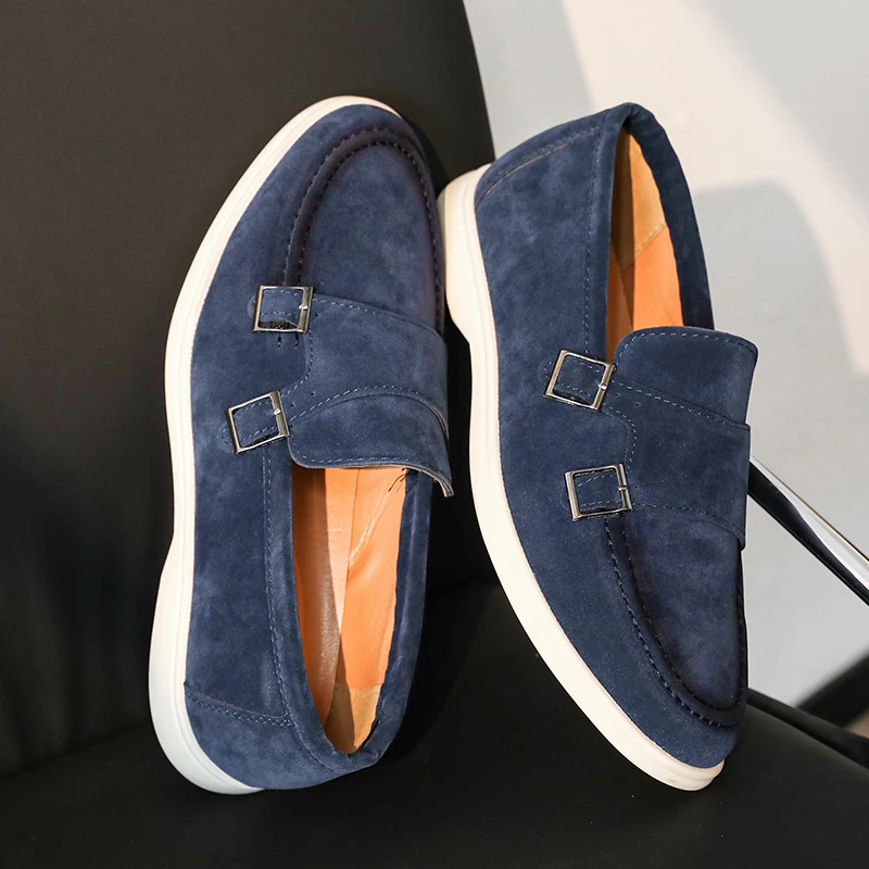 Casual Leather Men's Double Buckle Loafers Lightweight Breathable Shoes Mens Driving Soft Sole Slip-on Business Shoes Moccasins