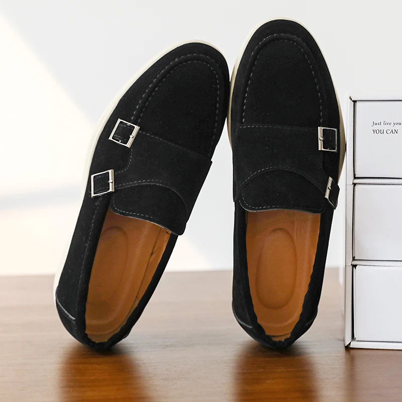 Casual Leather Men's Double Buckle Loafers Lightweight Breathable Shoes Mens Driving Soft Sole Slip-on Business Shoes Moccasins