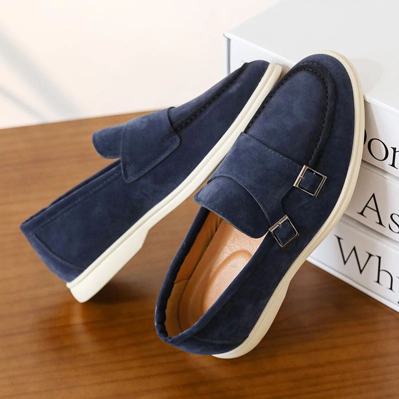 Casual Leather Men's Double Buckle Loafers Lightweight Breathable Shoes Mens Driving Soft Sole Slip-on Business Shoes Moccasins