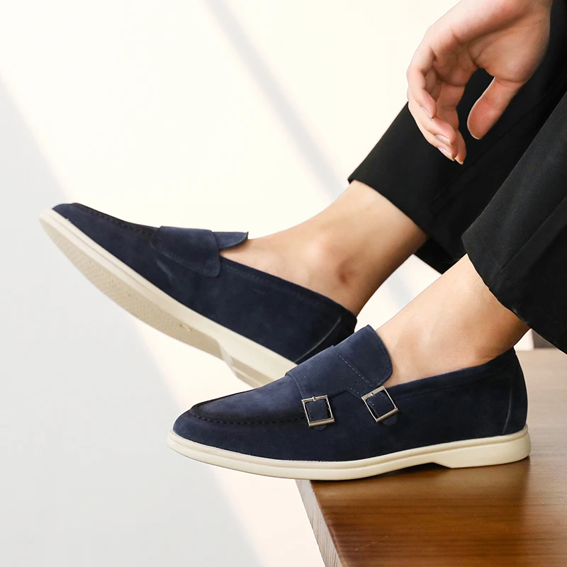Casual Leather Men's Double Buckle Loafers Lightweight Breathable Shoes Mens Driving Soft Sole Slip-on Business Shoes Moccasins