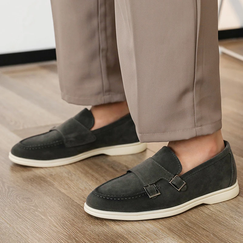 Casual Leather Men's Double Buckle Loafers Lightweight Breathable Shoes Mens Driving Soft Sole Slip-on Business Shoes Moccasins