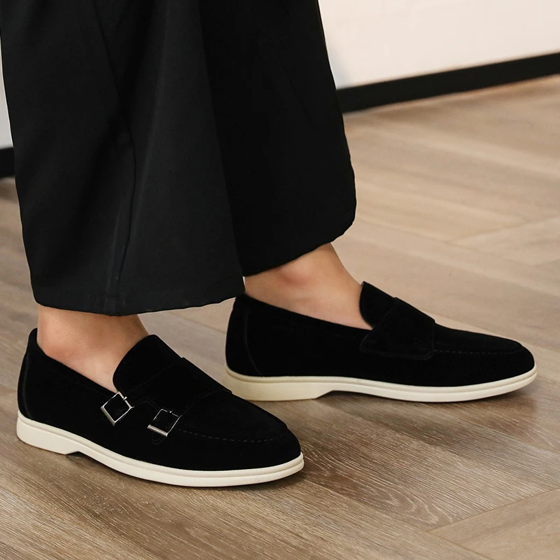 Casual Leather Men's Double Buckle Loafers Lightweight Breathable Shoes Mens Driving Soft Sole Slip-on Business Shoes Moccasins