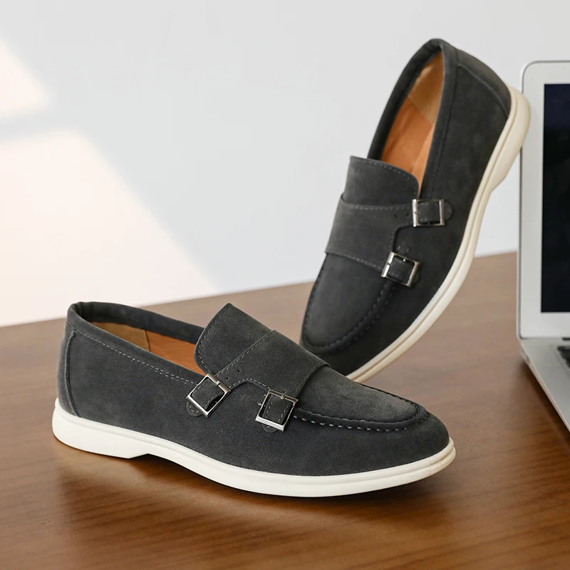 Casual Leather Men's Double Buckle Loafers Lightweight Breathable Shoes Mens Driving Soft Sole Slip-on Business Shoes Moccasins