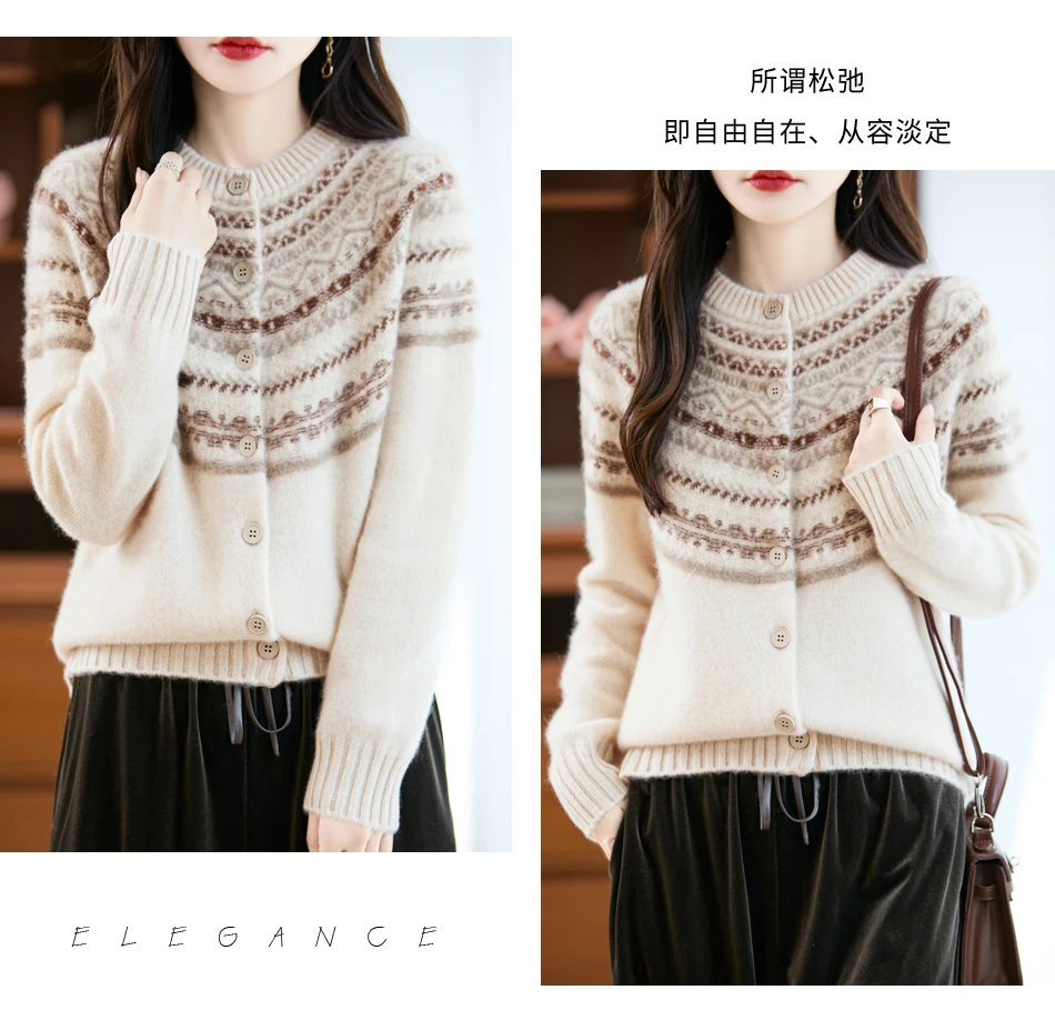 Classic Autumn Winter Woman Sweater Fair Isle Female 100% Merino Wool Knitted Cardigan Cashmere Ladies Long Sleeve Clothing Tops