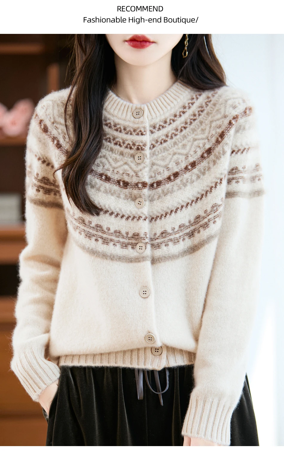 Classic Autumn Winter Woman Sweater Fair Isle Female 100% Merino Wool Knitted Cardigan Cashmere Ladies Long Sleeve Clothing Tops