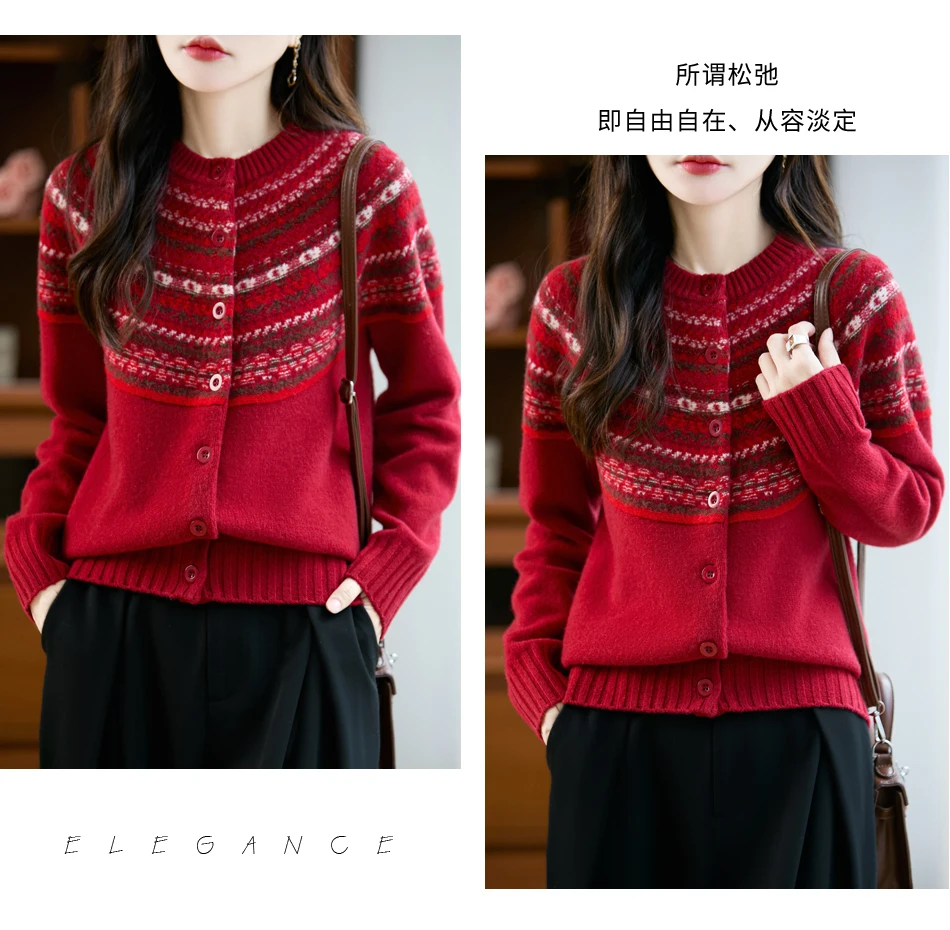 Classic Autumn Winter Woman Sweater Fair Isle Female 100% Merino Wool Knitted Cardigan Cashmere Ladies Long Sleeve Clothing Tops