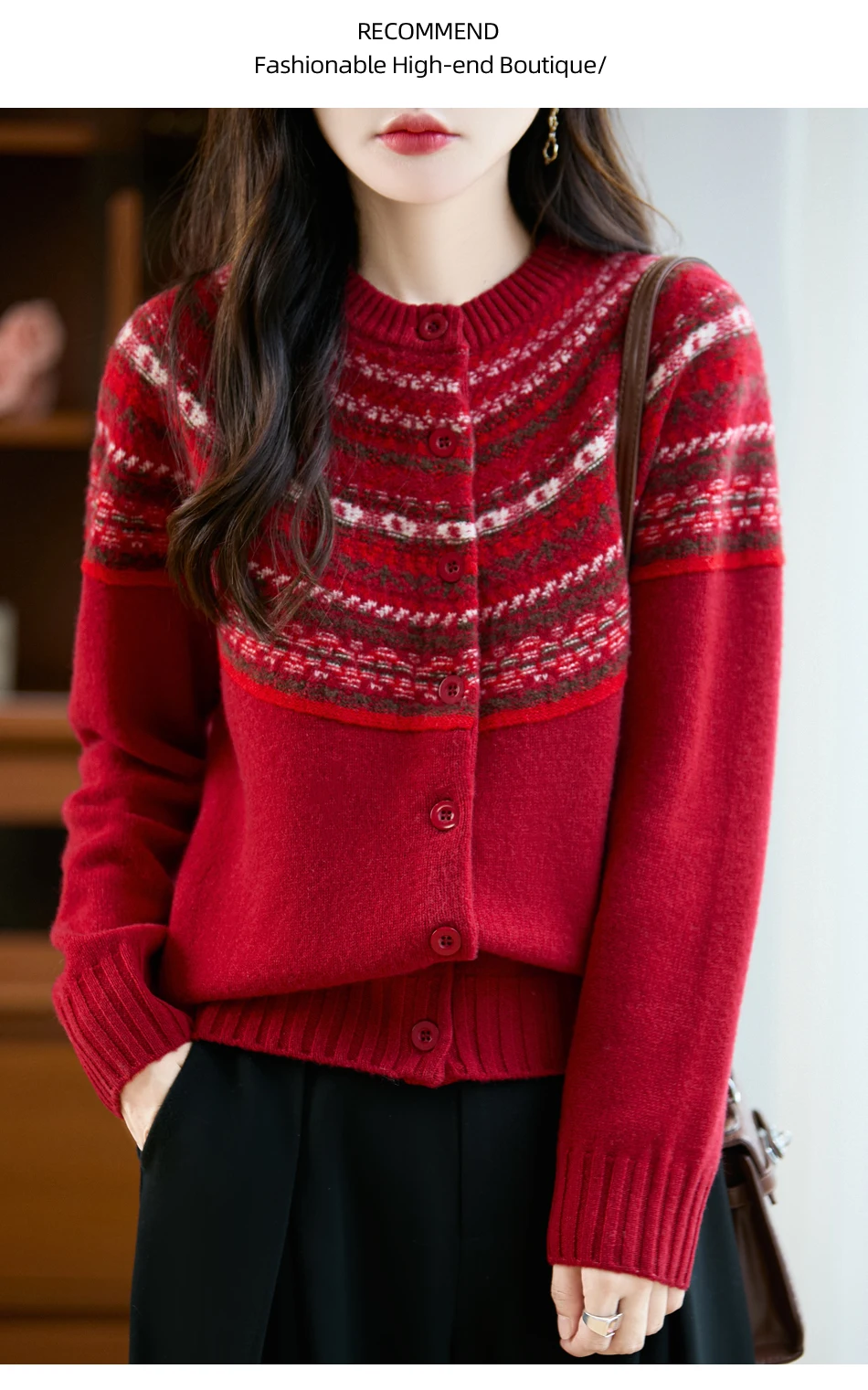 Classic Autumn Winter Woman Sweater Fair Isle Female 100% Merino Wool Knitted Cardigan Cashmere Ladies Long Sleeve Clothing Tops