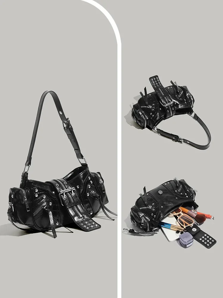 Women's Y2k Punk Vintage Shoulder Purse PU Leather Gothic Rivet Handbag Waist Bag Luxury Black Cross Body Bags with Spikes