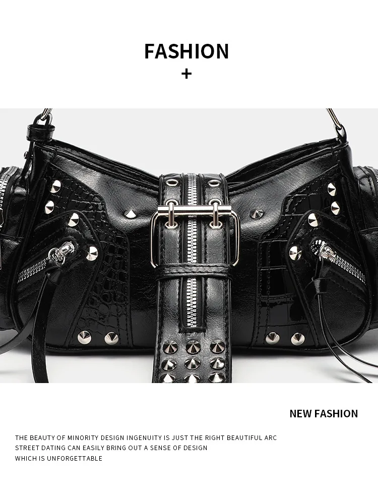 Women's Y2k Punk Vintage Shoulder Purse PU Leather Gothic Rivet Handbag Waist Bag Luxury Black Cross Body Bags with Spikes