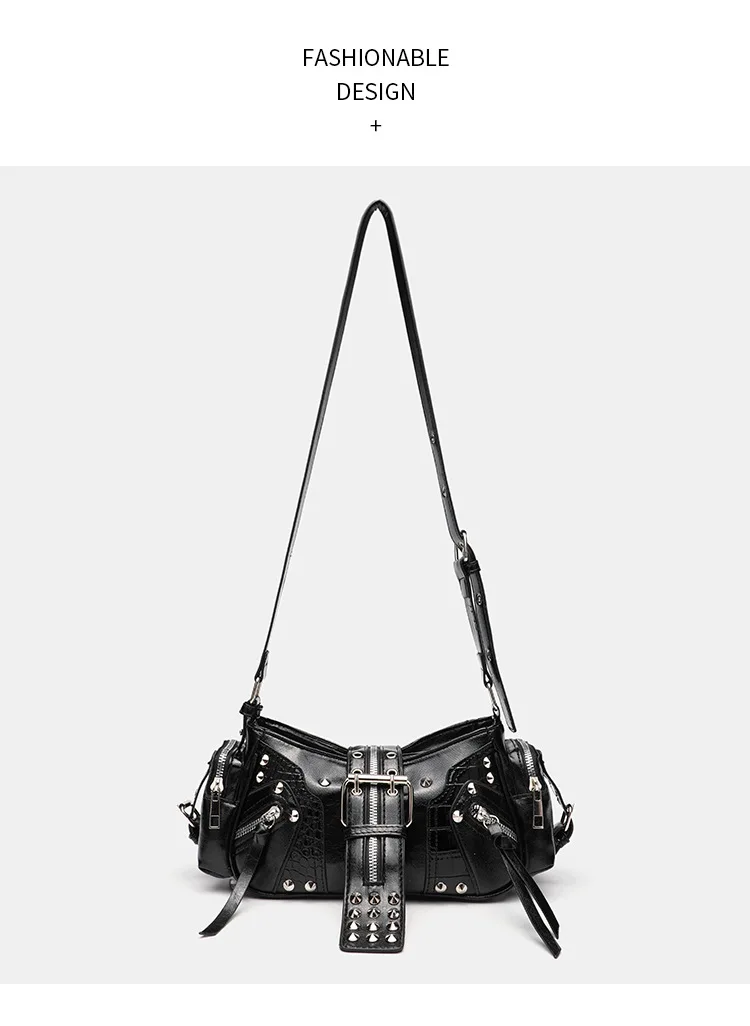 Women's Y2k Punk Vintage Shoulder Purse PU Leather Gothic Rivet Handbag Waist Bag Luxury Black Cross Body Bags with Spikes