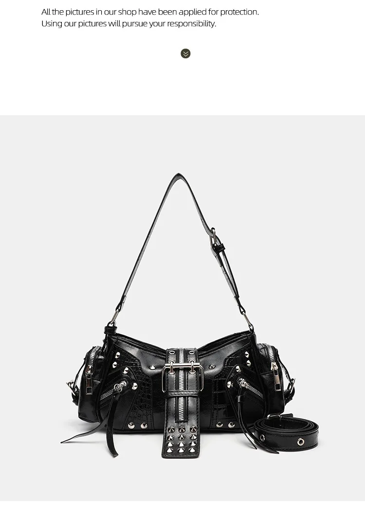Women's Y2k Punk Vintage Shoulder Purse PU Leather Gothic Rivet Handbag Waist Bag Luxury Black Cross Body Bags with Spikes