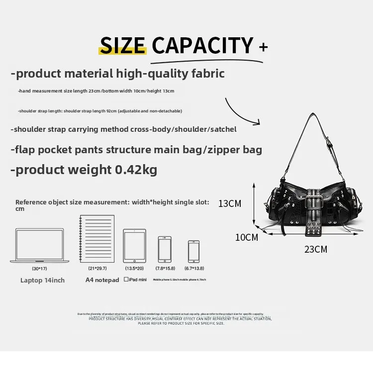 Women's Y2k Punk Vintage Shoulder Purse PU Leather Gothic Rivet Handbag Waist Bag Luxury Black Cross Body Bags with Spikes