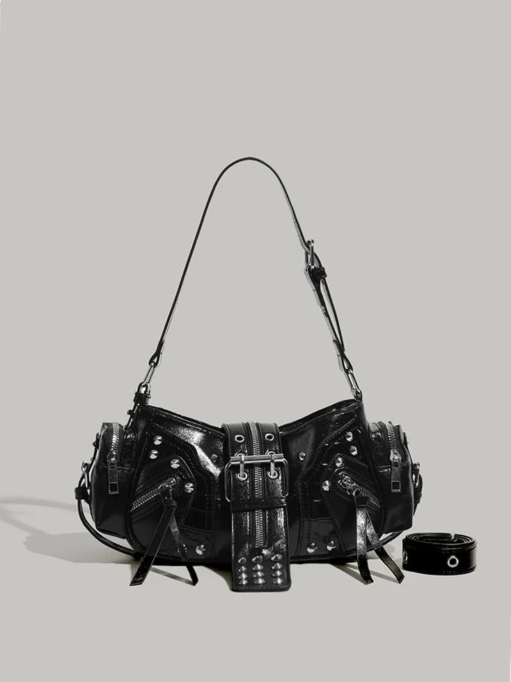 Women's Y2k Punk Vintage Shoulder Purse PU Leather Gothic Rivet Handbag Waist Bag Luxury Black Cross Body Bags with Spikes
