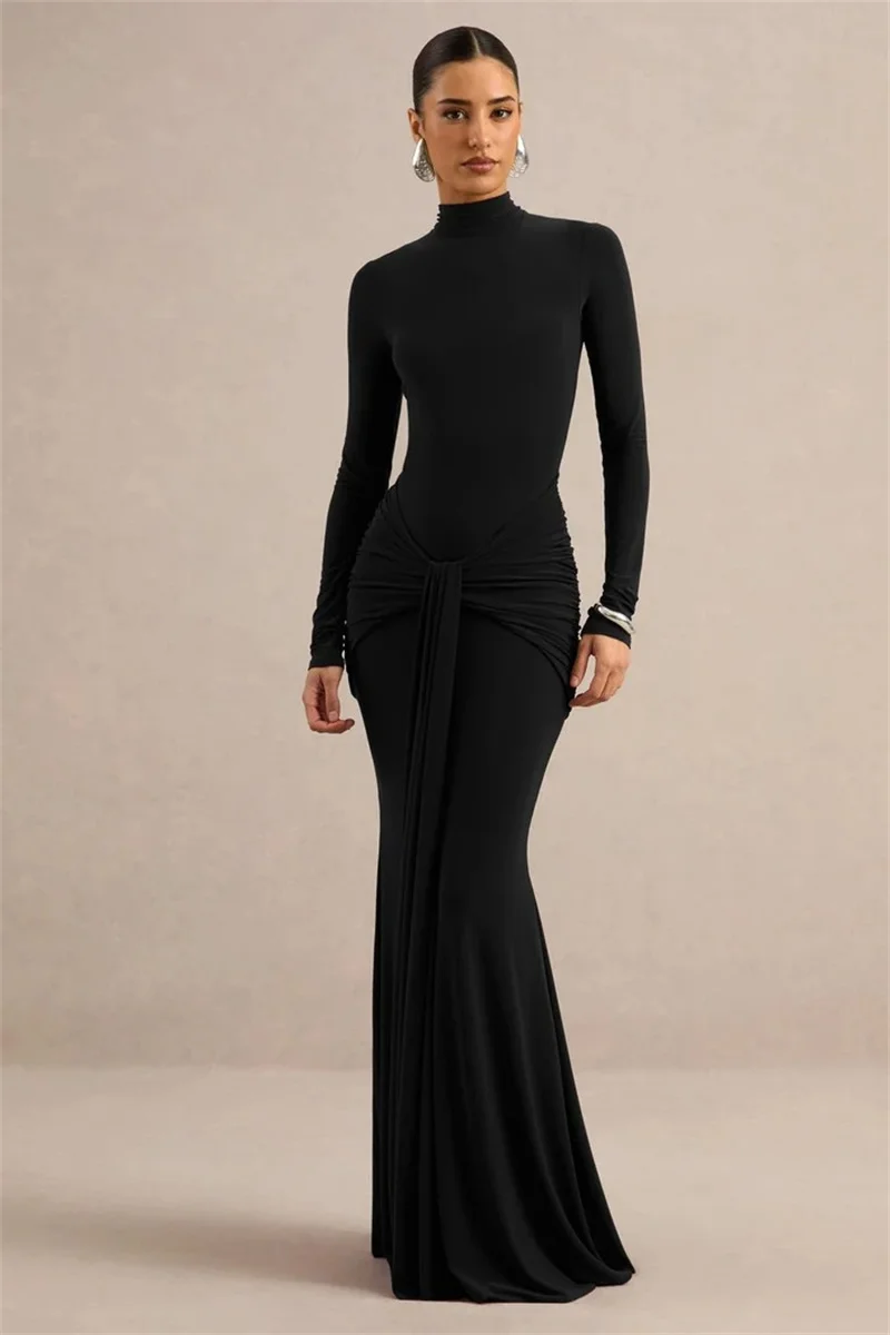 Mozision High Neck Long Sleeve Mermaid Maxi Dress Women Slim Ruched Waist Bodycon Floor Length Evening Party Formal Dress