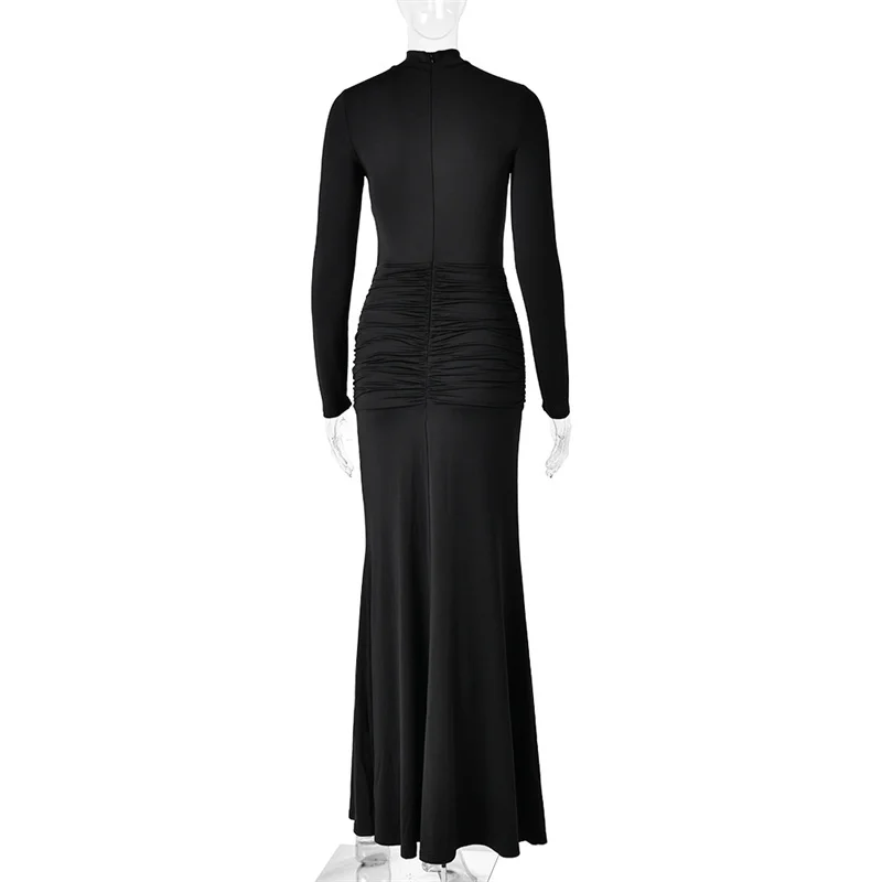 Mozision High Neck Long Sleeve Mermaid Maxi Dress Women Slim Ruched Waist Bodycon Floor Length Evening Party Formal Dress