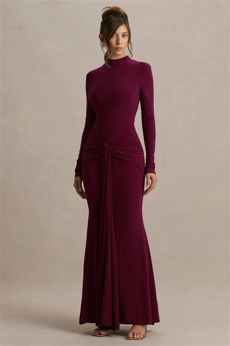 Mozision High Neck Long Sleeve Mermaid Maxi Dress Women Slim Ruched Waist Bodycon Floor Length Evening Party Formal Dress