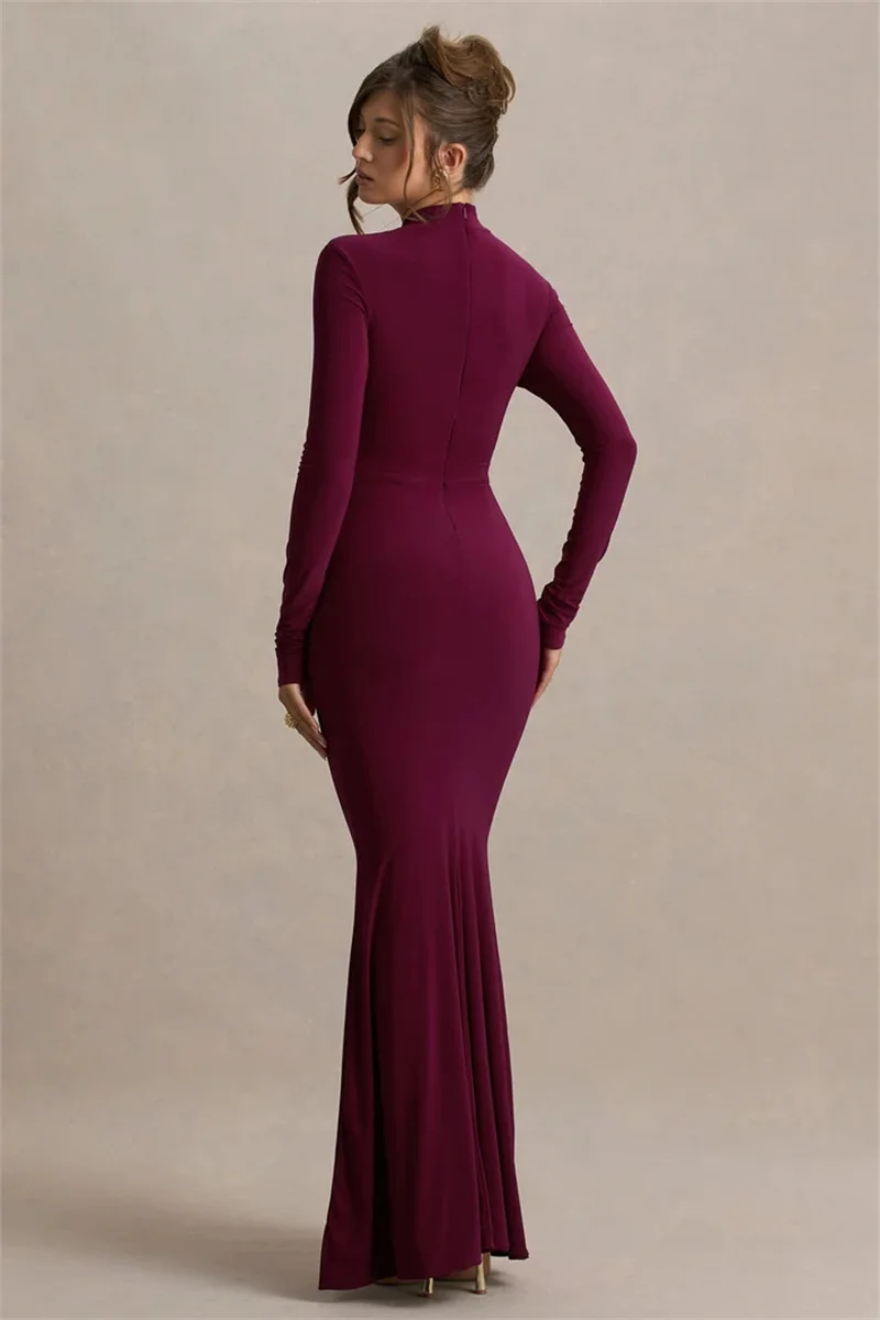 Mozision High Neck Long Sleeve Mermaid Maxi Dress Women Slim Ruched Waist Bodycon Floor Length Evening Party Formal Dress