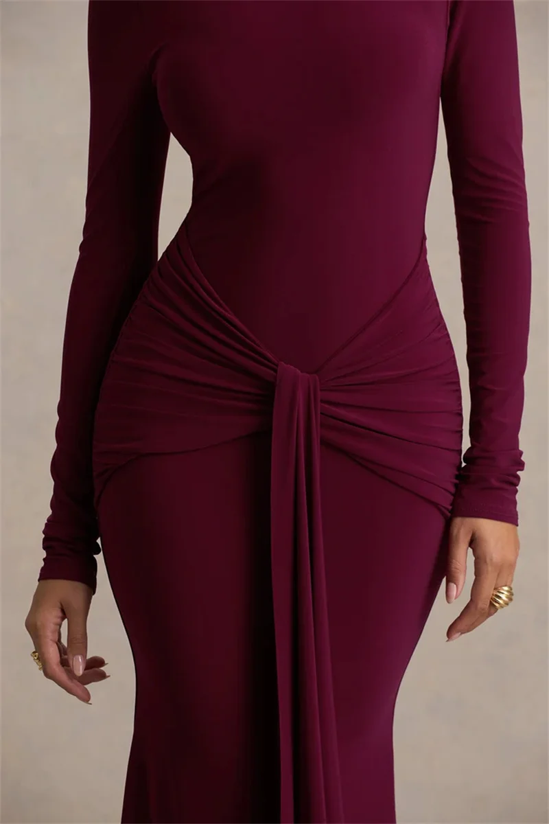 Mozision High Neck Long Sleeve Mermaid Maxi Dress Women Slim Ruched Waist Bodycon Floor Length Evening Party Formal Dress