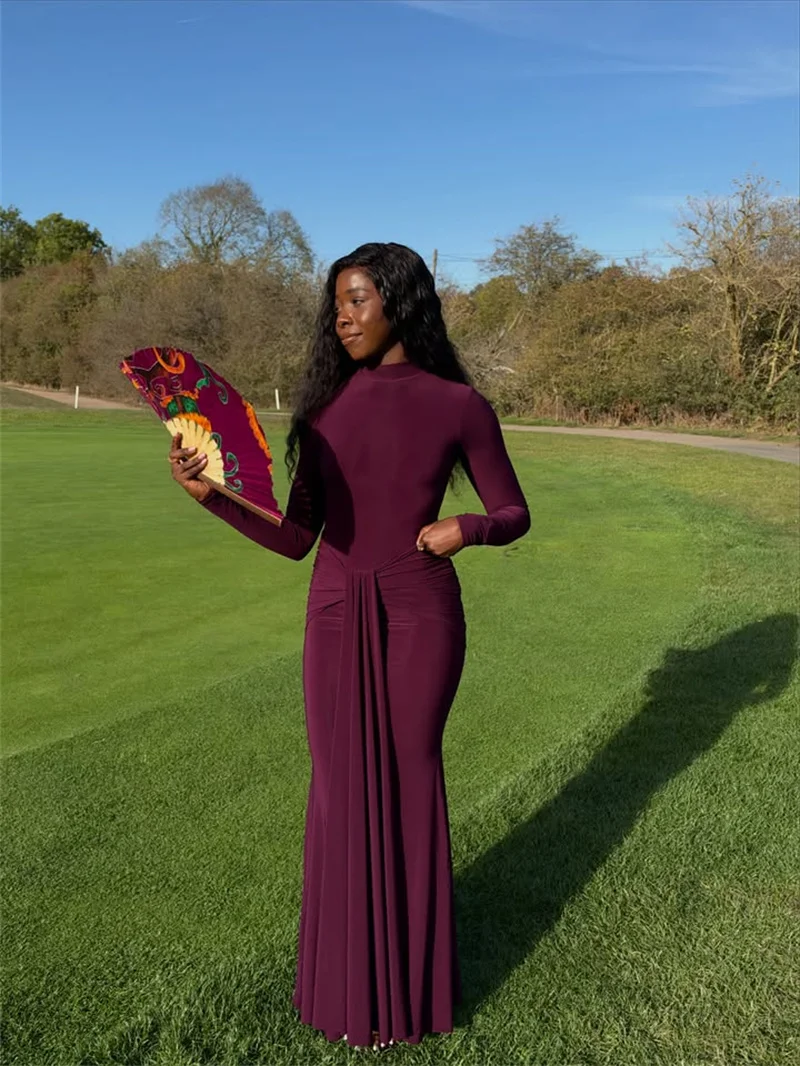 Mozision High Neck Long Sleeve Mermaid Maxi Dress Women Slim Ruched Waist Bodycon Floor Length Evening Party Formal Dress