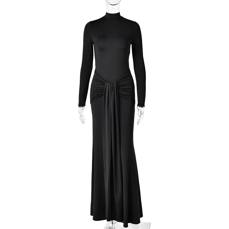 Mozision High Neck Long Sleeve Mermaid Maxi Dress Women Slim Ruched Waist Bodycon Floor Length Evening Party Formal Dress