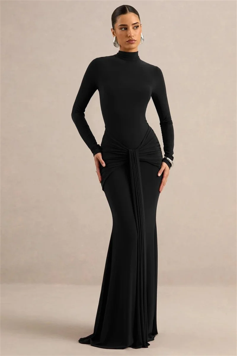 Mozision High Neck Long Sleeve Mermaid Maxi Dress Women Slim Ruched Waist Bodycon Floor Length Evening Party Formal Dress