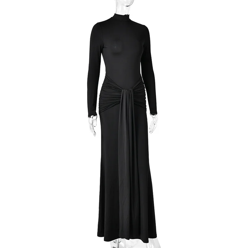 Mozision High Neck Long Sleeve Mermaid Maxi Dress Women Slim Ruched Waist Bodycon Floor Length Evening Party Formal Dress