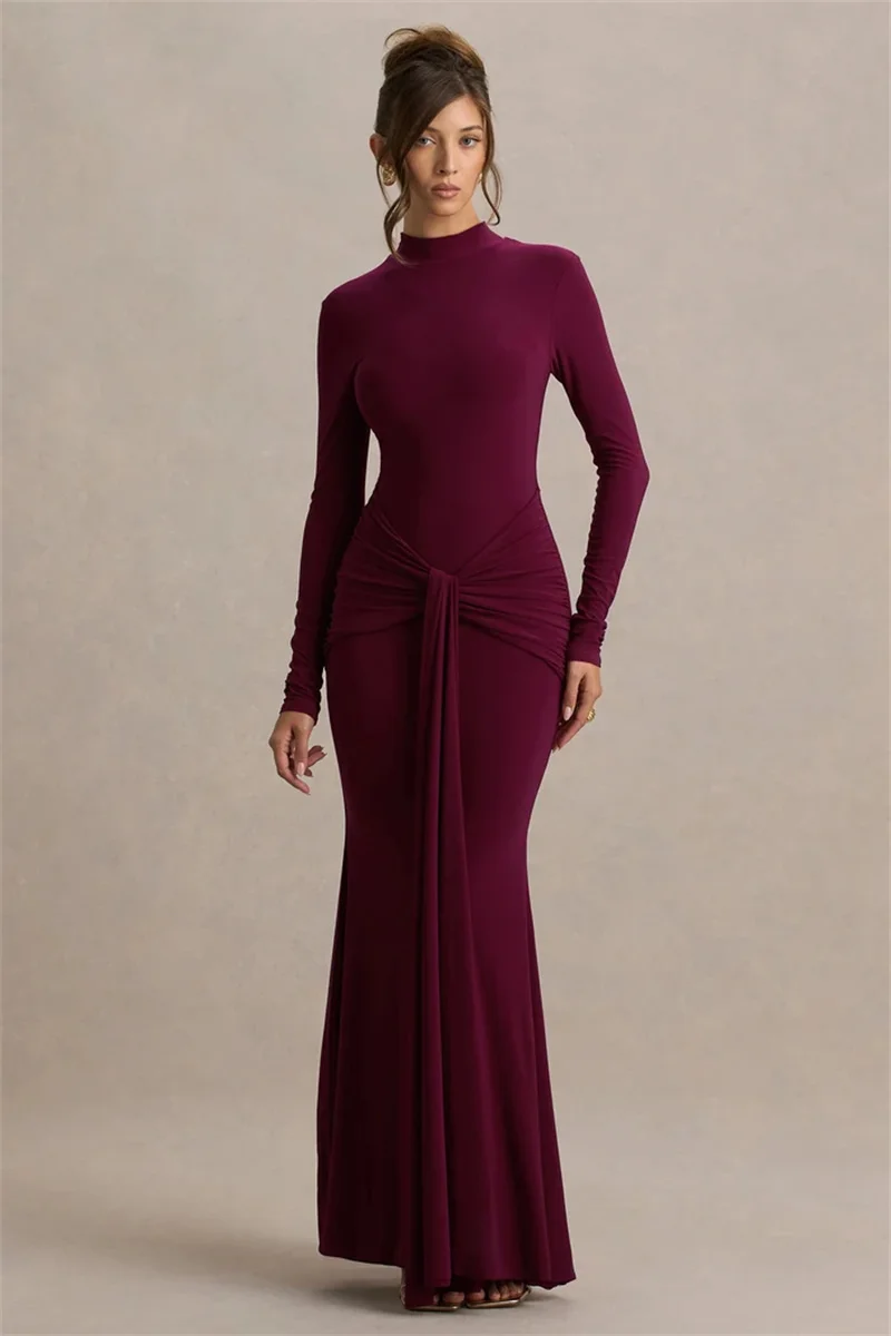 Mozision High Neck Long Sleeve Mermaid Maxi Dress Women Slim Ruched Waist Bodycon Floor Length Evening Party Formal Dress