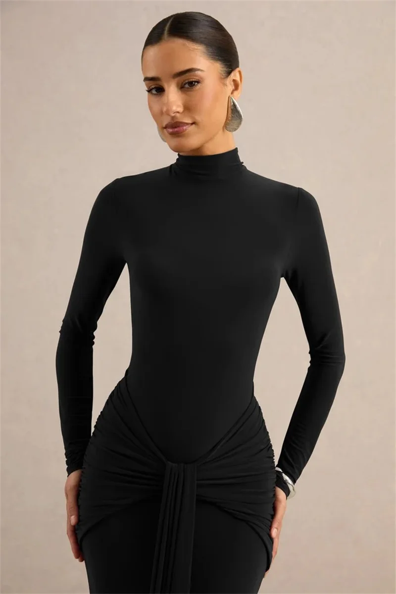 Mozision High Neck Long Sleeve Mermaid Maxi Dress Women Slim Ruched Waist Bodycon Floor Length Evening Party Formal Dress