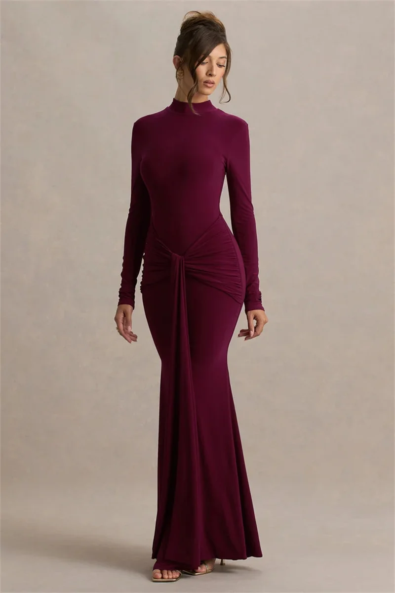 Mozision High Neck Long Sleeve Mermaid Maxi Dress Women Slim Ruched Waist Bodycon Floor Length Evening Party Formal Dress