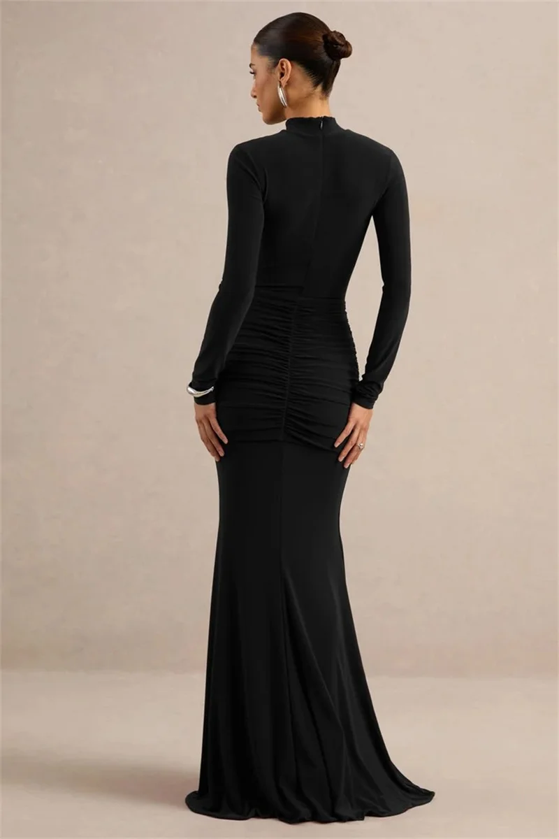Mozision High Neck Long Sleeve Mermaid Maxi Dress Women Slim Ruched Waist Bodycon Floor Length Evening Party Formal Dress