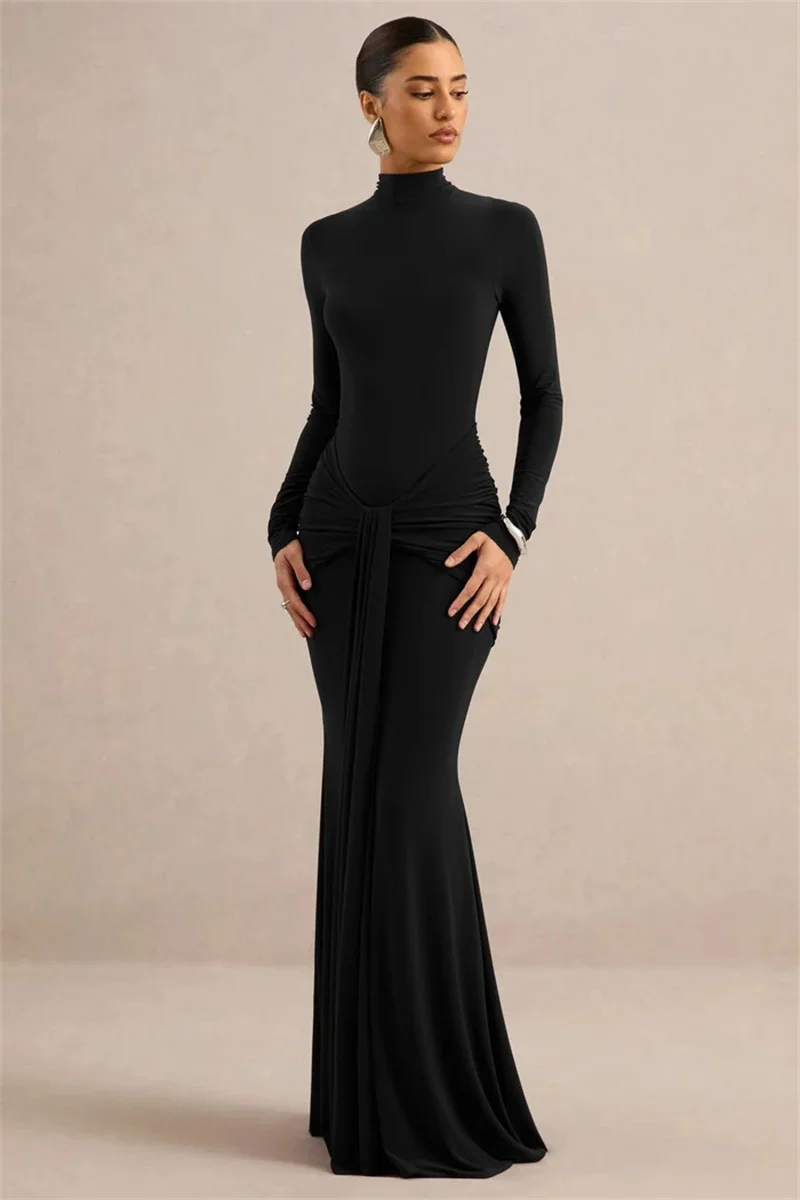 Mozision High Neck Long Sleeve Mermaid Maxi Dress Women Slim Ruched Waist Bodycon Floor Length Evening Party Formal Dress